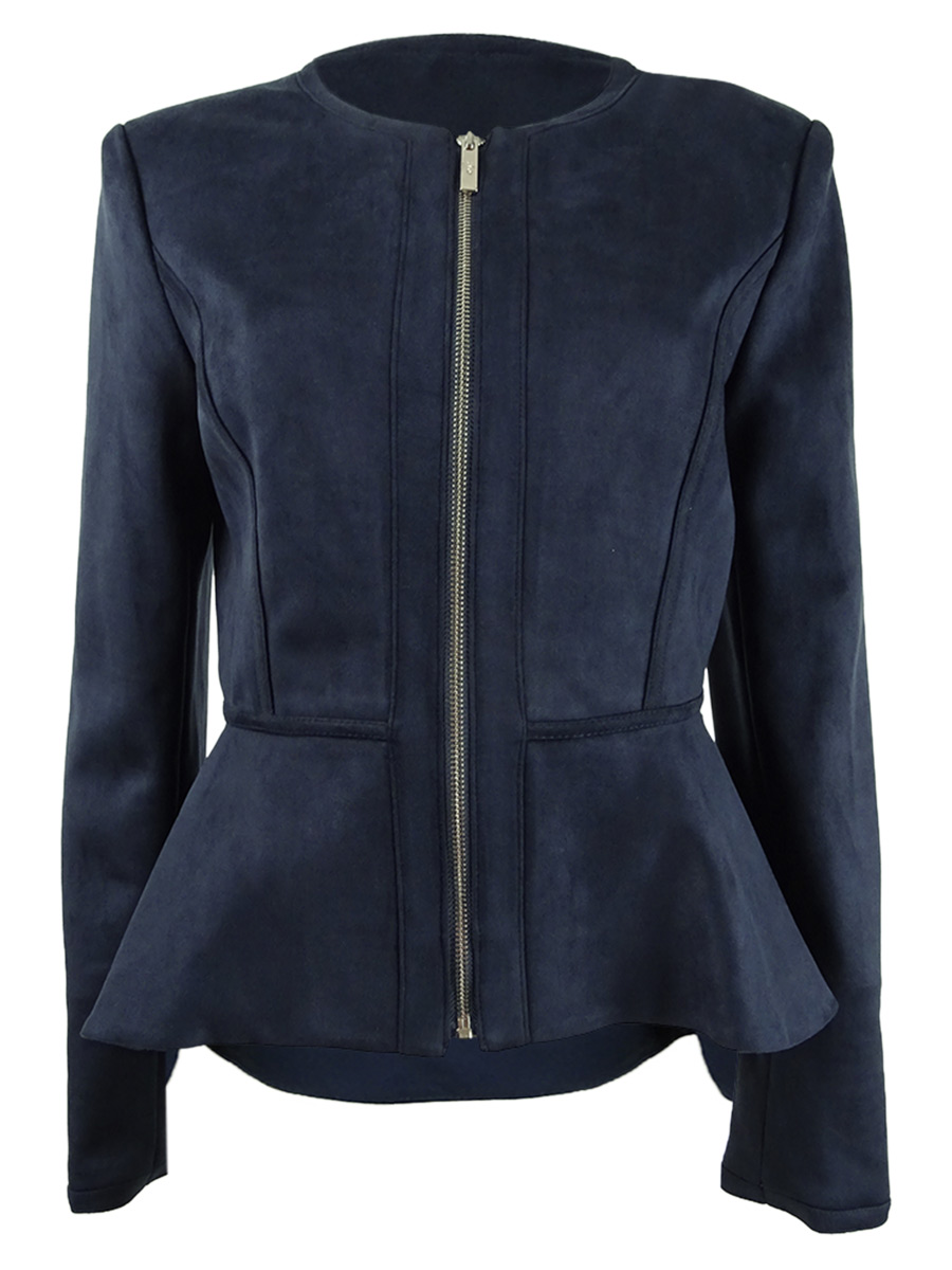 DKNY Women's Faux-Suede Zip-Front Peplum Jacket (6, Classic Navy